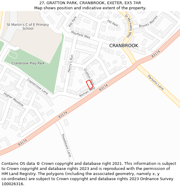 27, GRATTON PARK, CRANBROOK, EXETER, EX5 7AR: Location map and indicative extent of plot