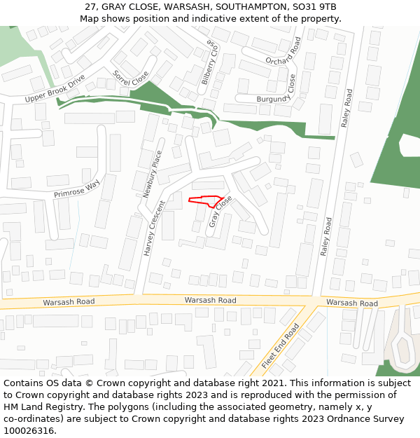 27, GRAY CLOSE, WARSASH, SOUTHAMPTON, SO31 9TB: Location map and indicative extent of plot