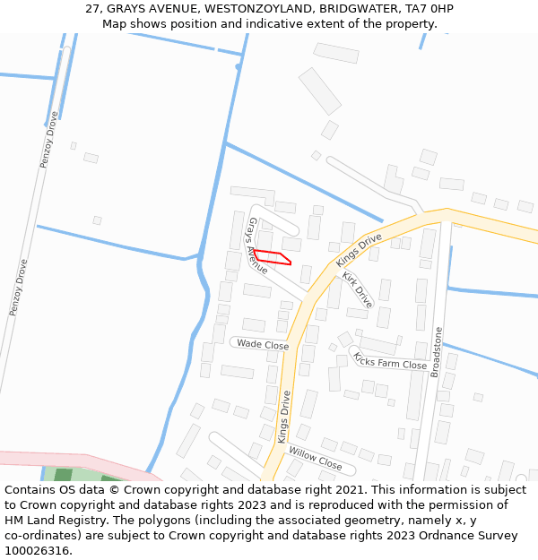 27, GRAYS AVENUE, WESTONZOYLAND, BRIDGWATER, TA7 0HP: Location map and indicative extent of plot