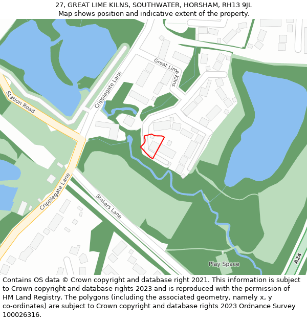 27, GREAT LIME KILNS, SOUTHWATER, HORSHAM, RH13 9JL: Location map and indicative extent of plot