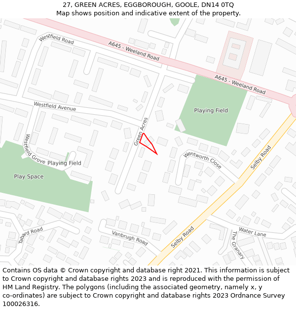 27, GREEN ACRES, EGGBOROUGH, GOOLE, DN14 0TQ: Location map and indicative extent of plot