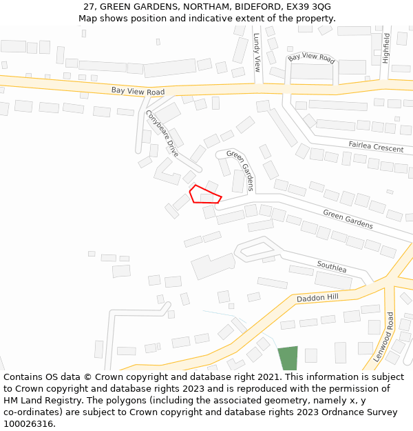 27, GREEN GARDENS, NORTHAM, BIDEFORD, EX39 3QG: Location map and indicative extent of plot