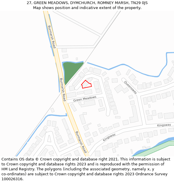 27, GREEN MEADOWS, DYMCHURCH, ROMNEY MARSH, TN29 0JS: Location map and indicative extent of plot