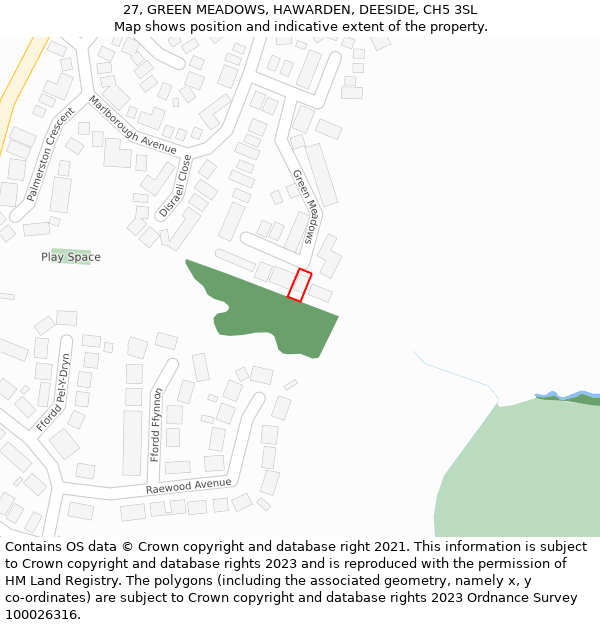 27, GREEN MEADOWS, HAWARDEN, DEESIDE, CH5 3SL: Location map and indicative extent of plot