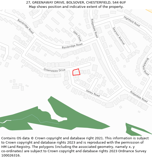 27, GREENAWAY DRIVE, BOLSOVER, CHESTERFIELD, S44 6UF: Location map and indicative extent of plot