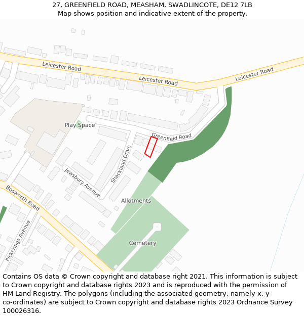 27, GREENFIELD ROAD, MEASHAM, SWADLINCOTE, DE12 7LB: Location map and indicative extent of plot