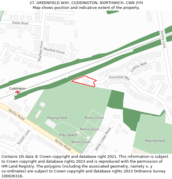 27, GREENFIELD WAY, CUDDINGTON, NORTHWICH, CW8 2YH: Location map and indicative extent of plot