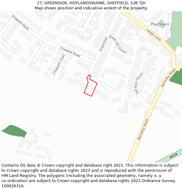 27, GREENSIDE, HOYLANDSWAINE, SHEFFIELD, S36 7JH: Location map and indicative extent of plot