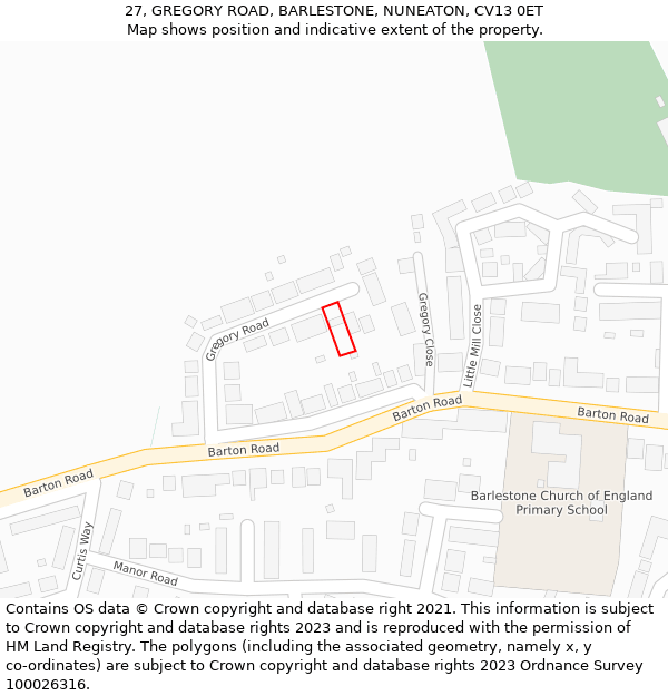 27, GREGORY ROAD, BARLESTONE, NUNEATON, CV13 0ET: Location map and indicative extent of plot