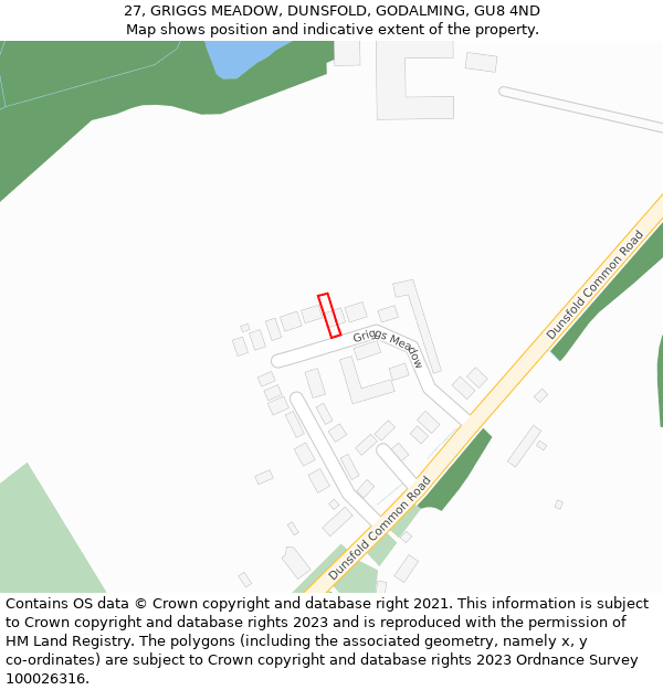 27, GRIGGS MEADOW, DUNSFOLD, GODALMING, GU8 4ND: Location map and indicative extent of plot