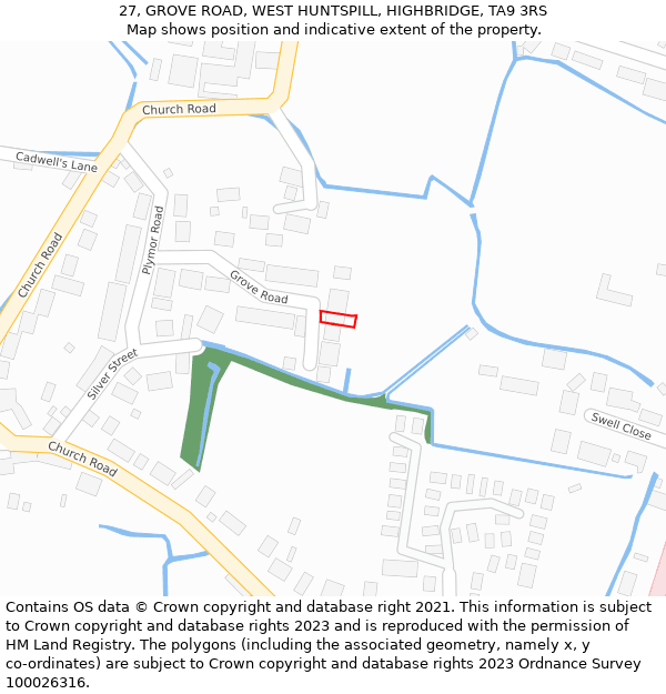 27, GROVE ROAD, WEST HUNTSPILL, HIGHBRIDGE, TA9 3RS: Location map and indicative extent of plot