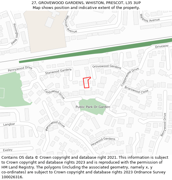 27, GROVEWOOD GARDENS, WHISTON, PRESCOT, L35 3UP: Location map and indicative extent of plot