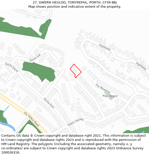 27, GWERN HEULOG, TONYREFAIL, PORTH, CF39 8BJ: Location map and indicative extent of plot