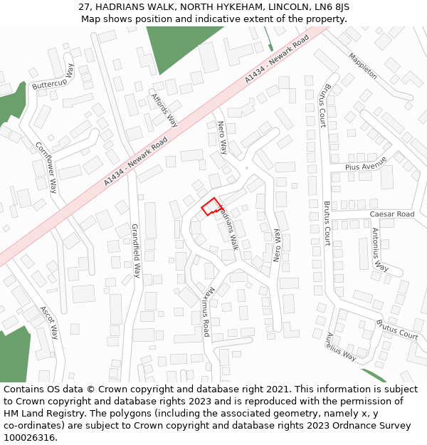 27, HADRIANS WALK, NORTH HYKEHAM, LINCOLN, LN6 8JS: Location map and indicative extent of plot