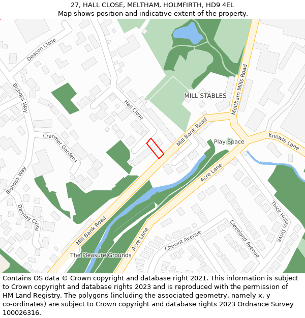 27, HALL CLOSE, MELTHAM, HOLMFIRTH, HD9 4EL: Location map and indicative extent of plot