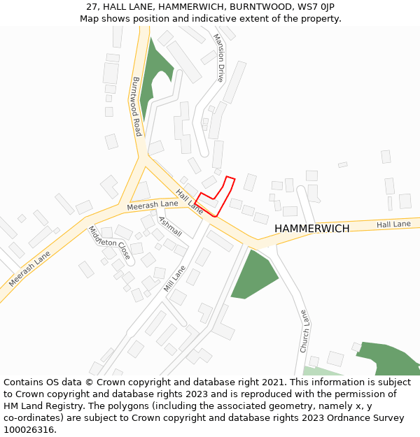 27, HALL LANE, HAMMERWICH, BURNTWOOD, WS7 0JP: Location map and indicative extent of plot