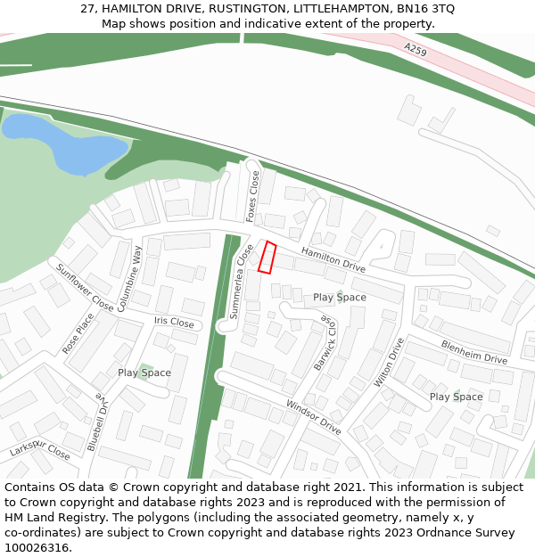 27, HAMILTON DRIVE, RUSTINGTON, LITTLEHAMPTON, BN16 3TQ: Location map and indicative extent of plot