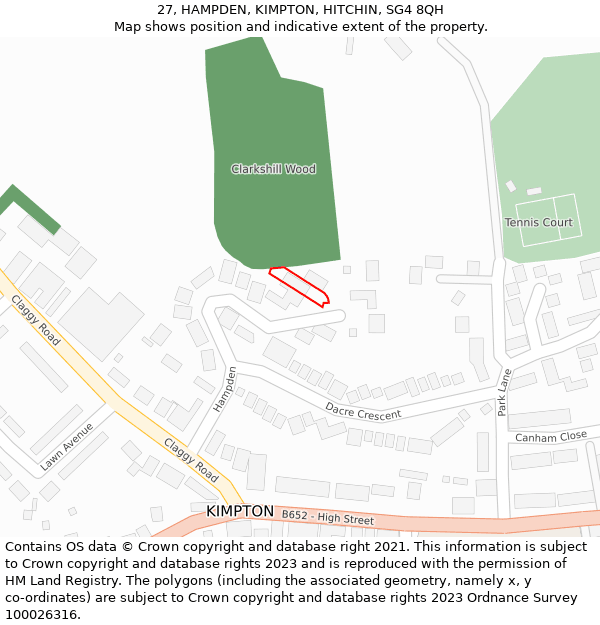 27, HAMPDEN, KIMPTON, HITCHIN, SG4 8QH: Location map and indicative extent of plot