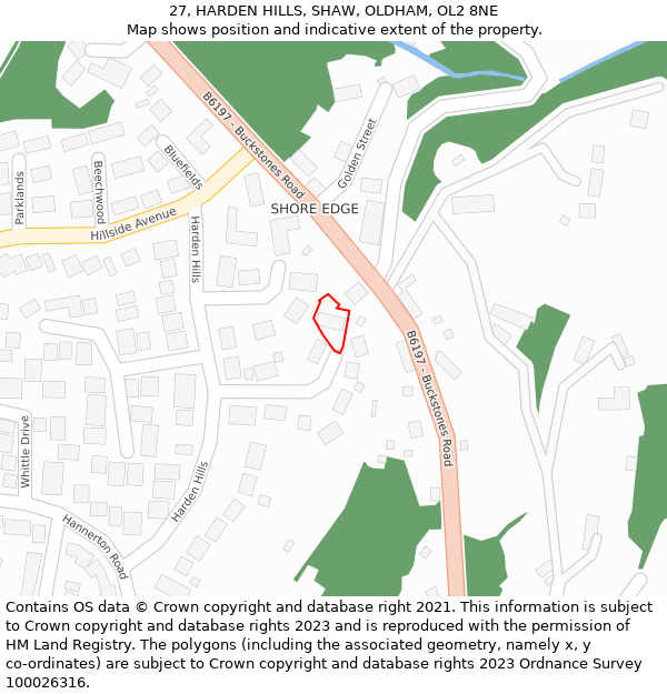 27, HARDEN HILLS, SHAW, OLDHAM, OL2 8NE: Location map and indicative extent of plot