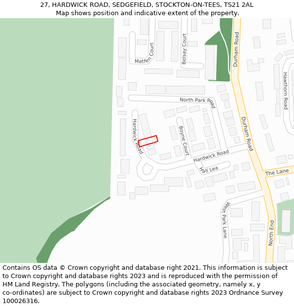 27, HARDWICK ROAD, SEDGEFIELD, STOCKTON-ON-TEES, TS21 2AL: Location map and indicative extent of plot