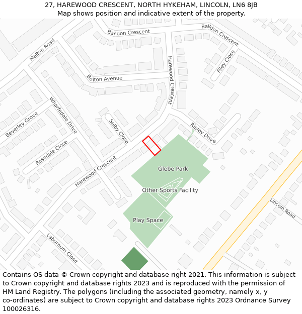 27, HAREWOOD CRESCENT, NORTH HYKEHAM, LINCOLN, LN6 8JB: Location map and indicative extent of plot