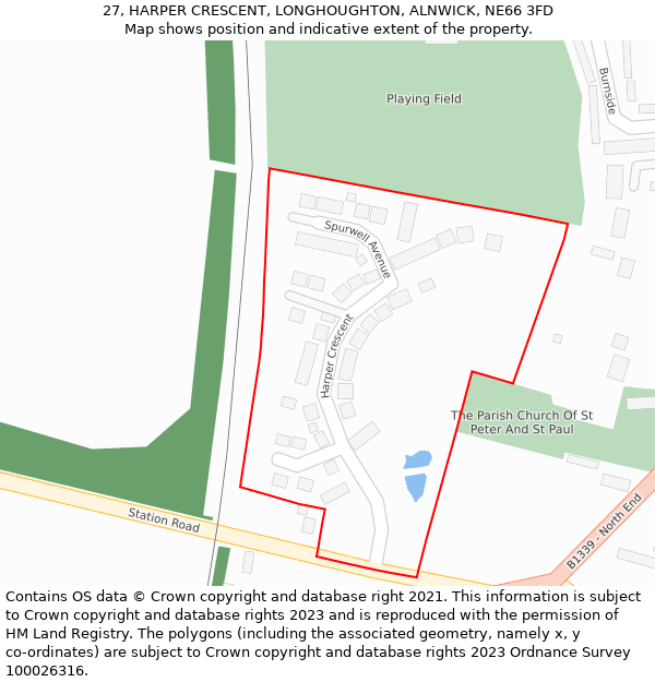 27, HARPER CRESCENT, LONGHOUGHTON, ALNWICK, NE66 3FD: Location map and indicative extent of plot