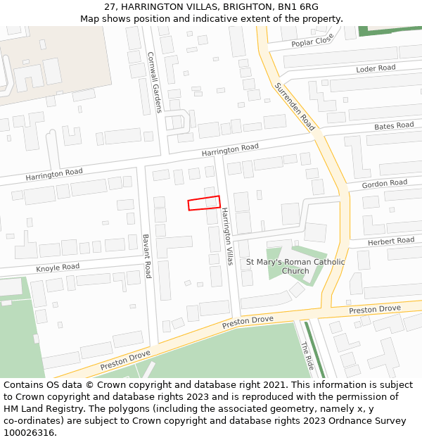 27, HARRINGTON VILLAS, BRIGHTON, BN1 6RG: Location map and indicative extent of plot