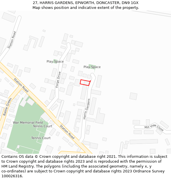 27, HARRIS GARDENS, EPWORTH, DONCASTER, DN9 1GX: Location map and indicative extent of plot