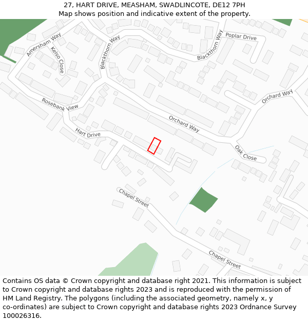 27, HART DRIVE, MEASHAM, SWADLINCOTE, DE12 7PH: Location map and indicative extent of plot