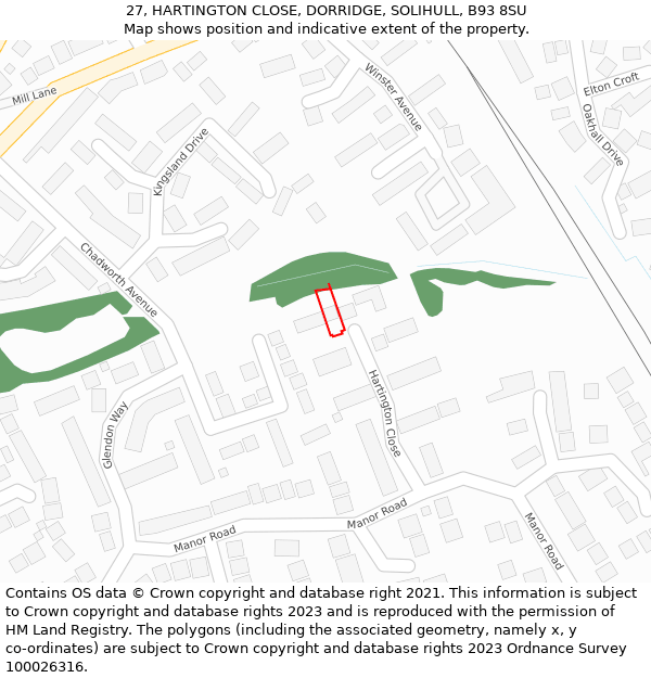 27, HARTINGTON CLOSE, DORRIDGE, SOLIHULL, B93 8SU: Location map and indicative extent of plot