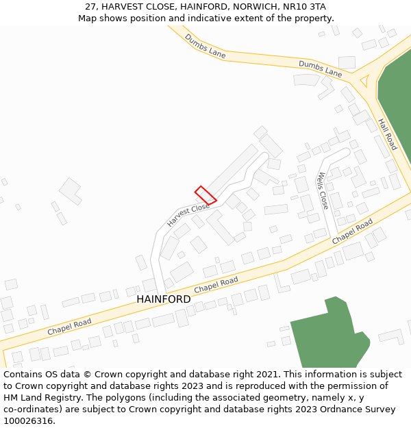 27, HARVEST CLOSE, HAINFORD, NORWICH, NR10 3TA: Location map and indicative extent of plot