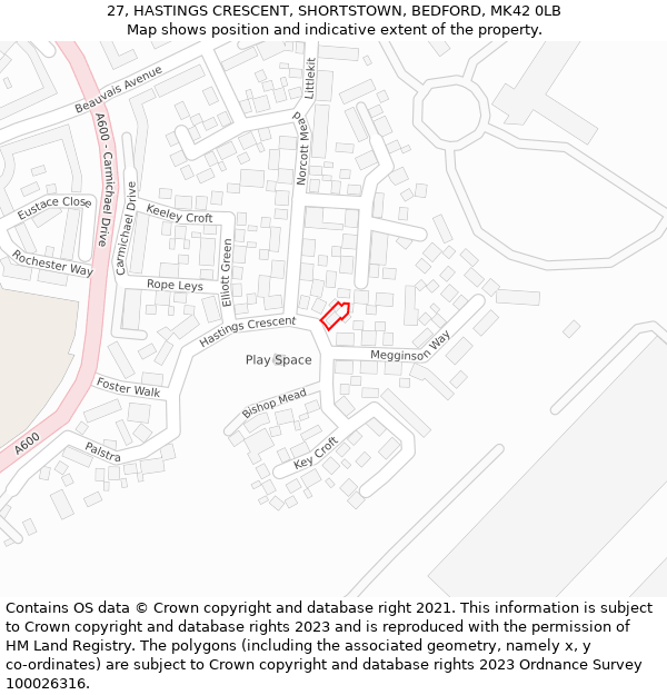 27, HASTINGS CRESCENT, SHORTSTOWN, BEDFORD, MK42 0LB: Location map and indicative extent of plot