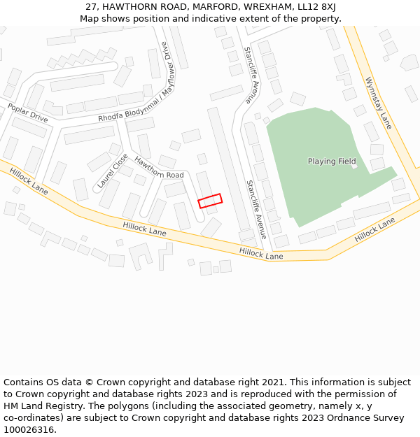 27, HAWTHORN ROAD, MARFORD, WREXHAM, LL12 8XJ: Location map and indicative extent of plot