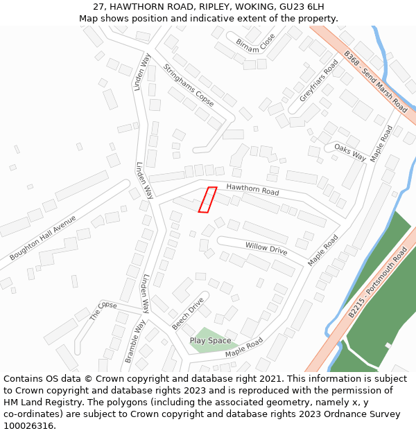 27, HAWTHORN ROAD, RIPLEY, WOKING, GU23 6LH: Location map and indicative extent of plot