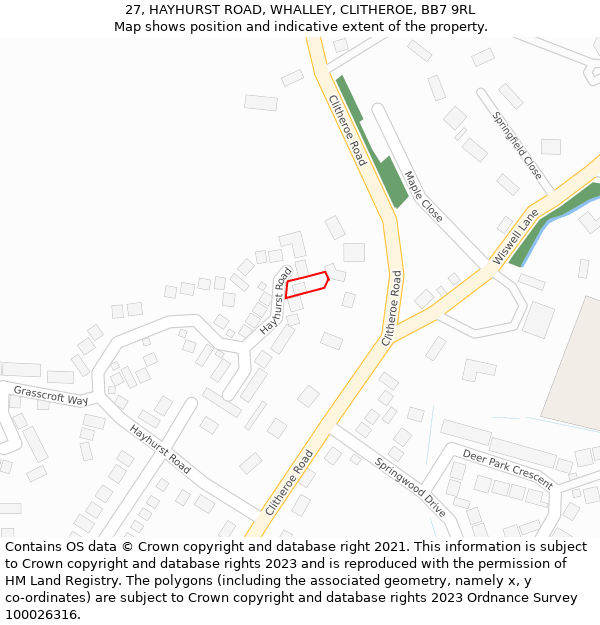 27, HAYHURST ROAD, WHALLEY, CLITHEROE, BB7 9RL: Location map and indicative extent of plot