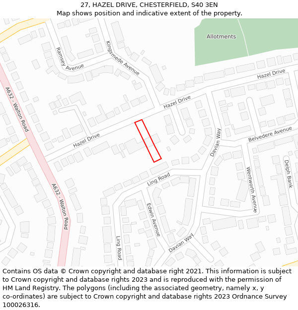 27, HAZEL DRIVE, CHESTERFIELD, S40 3EN: Location map and indicative extent of plot