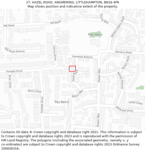 27, HAZEL ROAD, ANGMERING, LITTLEHAMPTON, BN16 4FR: Location map and indicative extent of plot