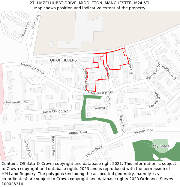 27, HAZELHURST DRIVE, MIDDLETON, MANCHESTER, M24 6TL: Location map and indicative extent of plot