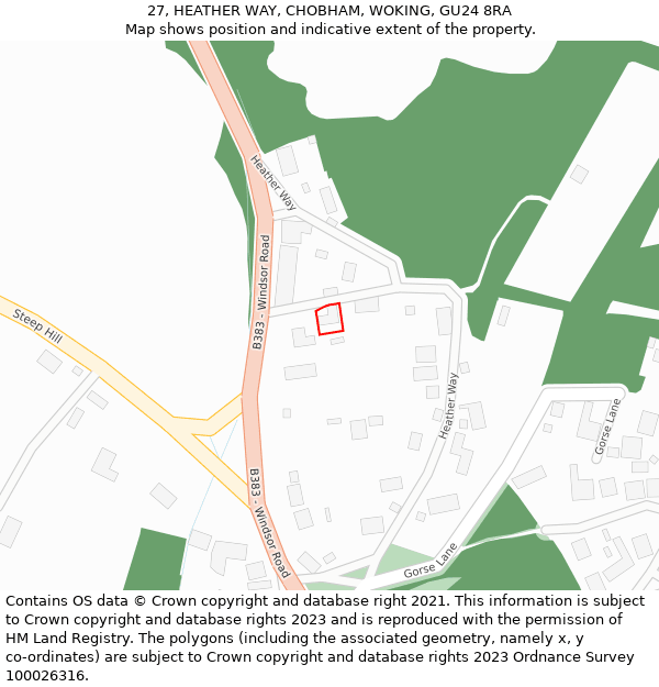 27, HEATHER WAY, CHOBHAM, WOKING, GU24 8RA: Location map and indicative extent of plot