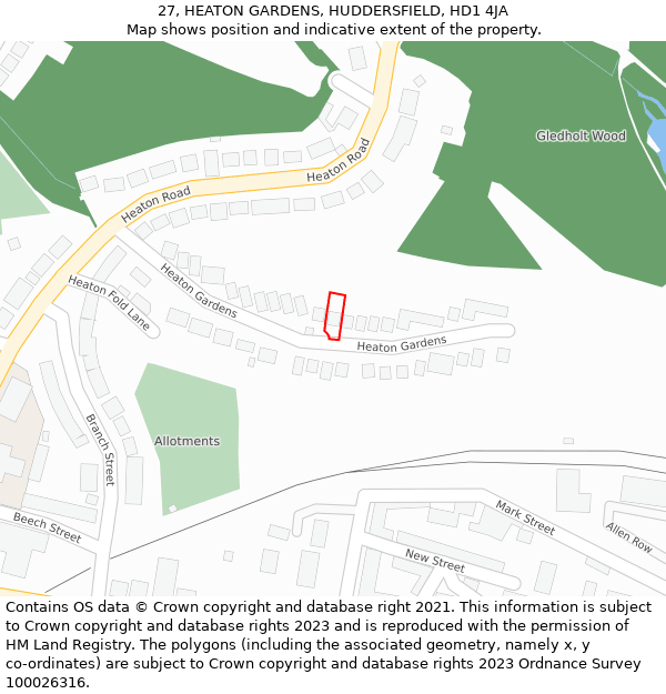 27, HEATON GARDENS, HUDDERSFIELD, HD1 4JA: Location map and indicative extent of plot