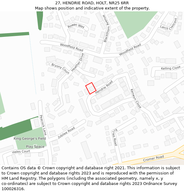 27, HENDRIE ROAD, HOLT, NR25 6RR: Location map and indicative extent of plot