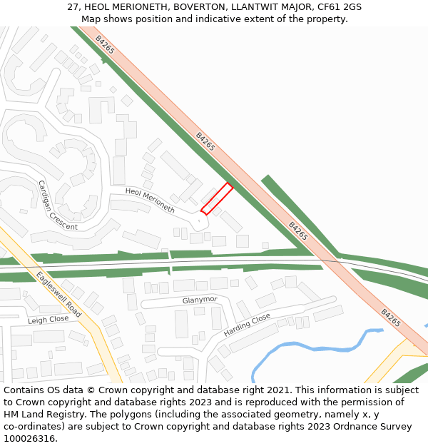 27, HEOL MERIONETH, BOVERTON, LLANTWIT MAJOR, CF61 2GS: Location map and indicative extent of plot
