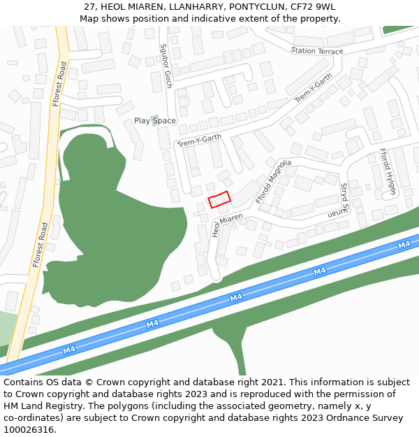 27, HEOL MIAREN, LLANHARRY, PONTYCLUN, CF72 9WL: Location map and indicative extent of plot