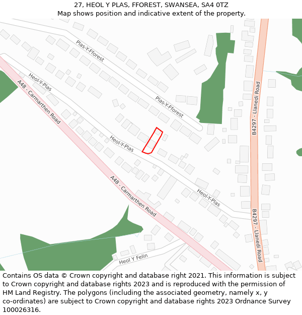 27, HEOL Y PLAS, FFOREST, SWANSEA, SA4 0TZ: Location map and indicative extent of plot