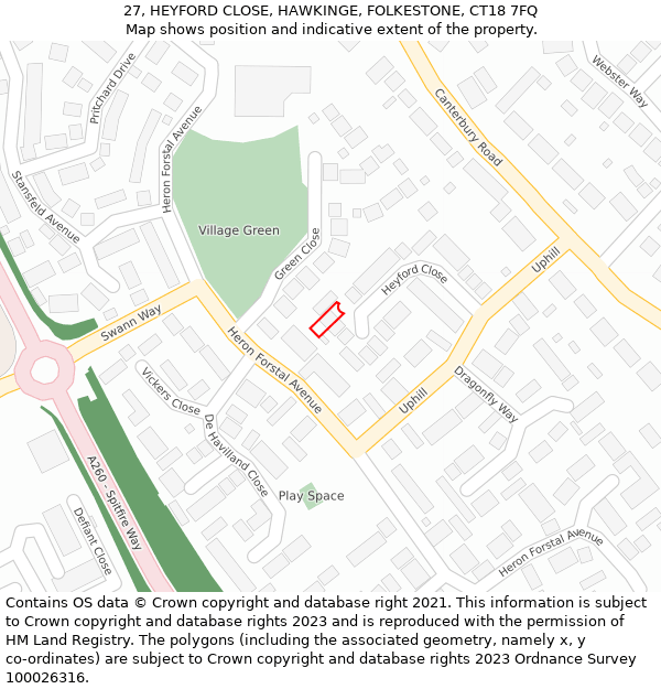 27, HEYFORD CLOSE, HAWKINGE, FOLKESTONE, CT18 7FQ: Location map and indicative extent of plot