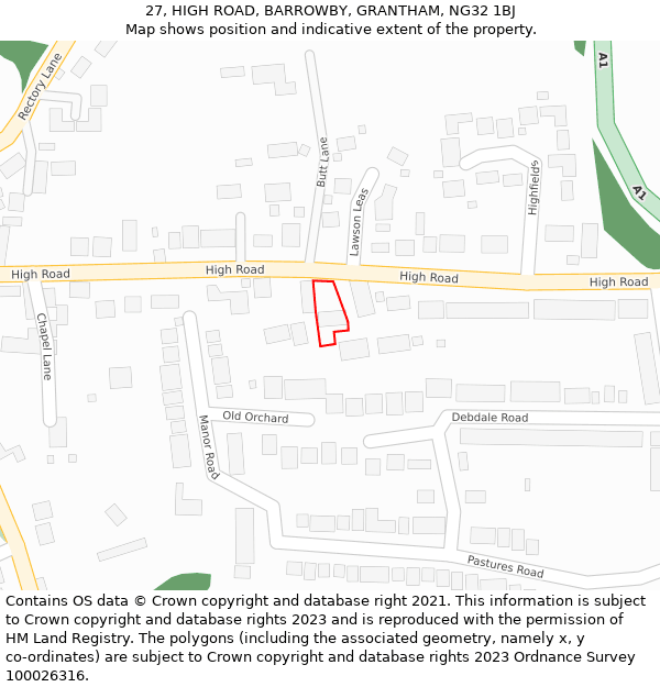 27, HIGH ROAD, BARROWBY, GRANTHAM, NG32 1BJ: Location map and indicative extent of plot