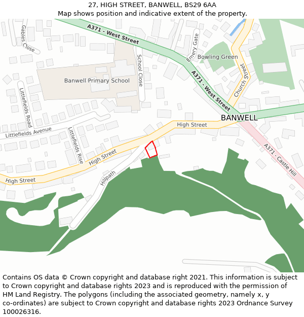 27, HIGH STREET, BANWELL, BS29 6AA: Location map and indicative extent of plot