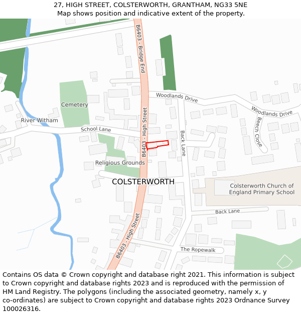27, HIGH STREET, COLSTERWORTH, GRANTHAM, NG33 5NE: Location map and indicative extent of plot