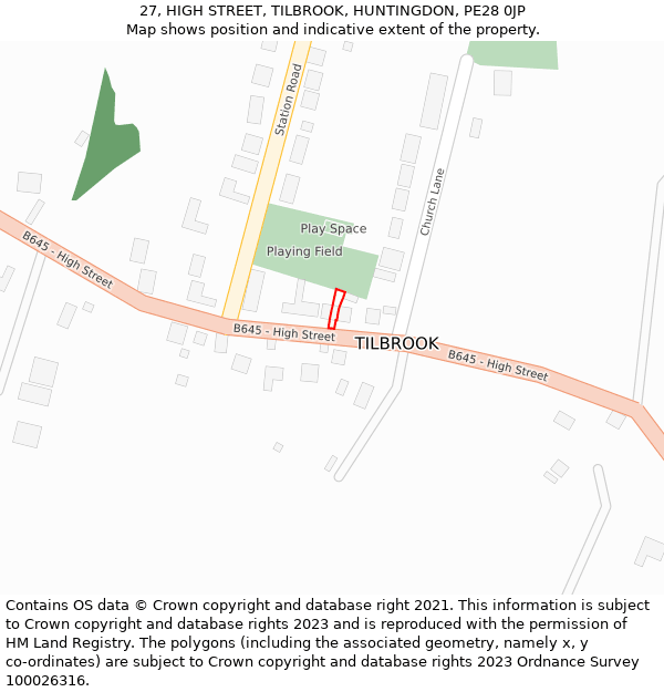 27, HIGH STREET, TILBROOK, HUNTINGDON, PE28 0JP: Location map and indicative extent of plot