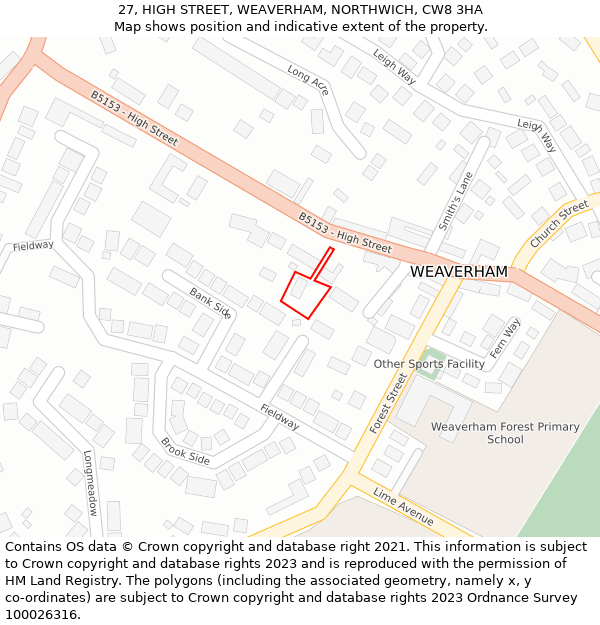27, HIGH STREET, WEAVERHAM, NORTHWICH, CW8 3HA: Location map and indicative extent of plot